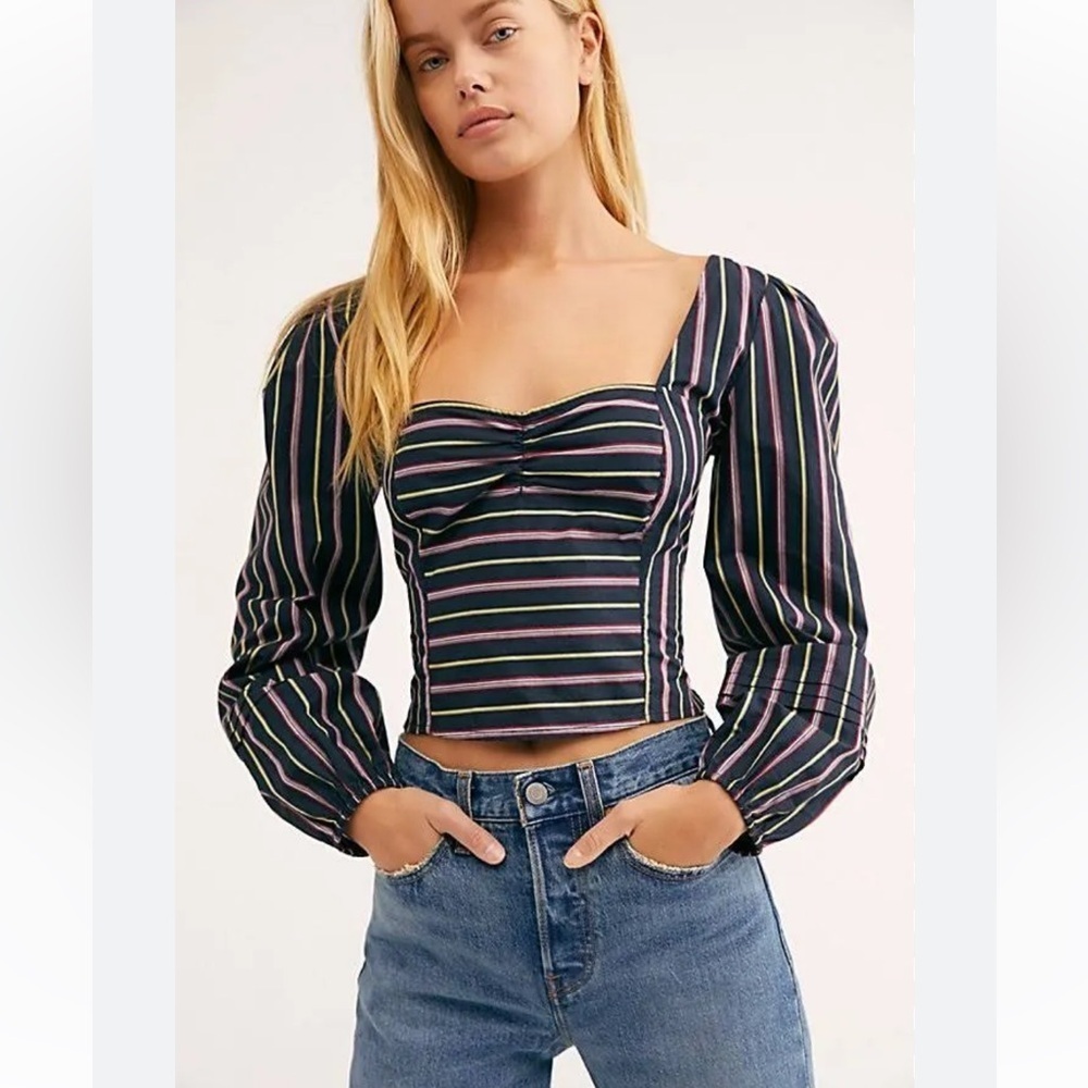 Free People Sunshine In Sicily Long Sleeved Striped Cotton Navy/Purple Top XS